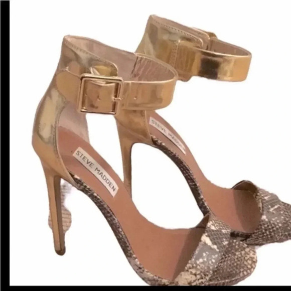 STEVE MADDEN "MARLENE-M"GOLD METALLIC/SNAKESKIN ANKLE STRAP
STILETTOS SIZe 6.5 - Picture 7 of 13